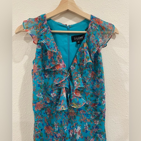 SALONI Rita Ruffle V-Neck Maxi Dress Blue Floral 100% Silk Size 4 - Picture 3 of 10